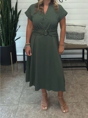 Amazon Olive Green V-Neck Belted Midi Dress